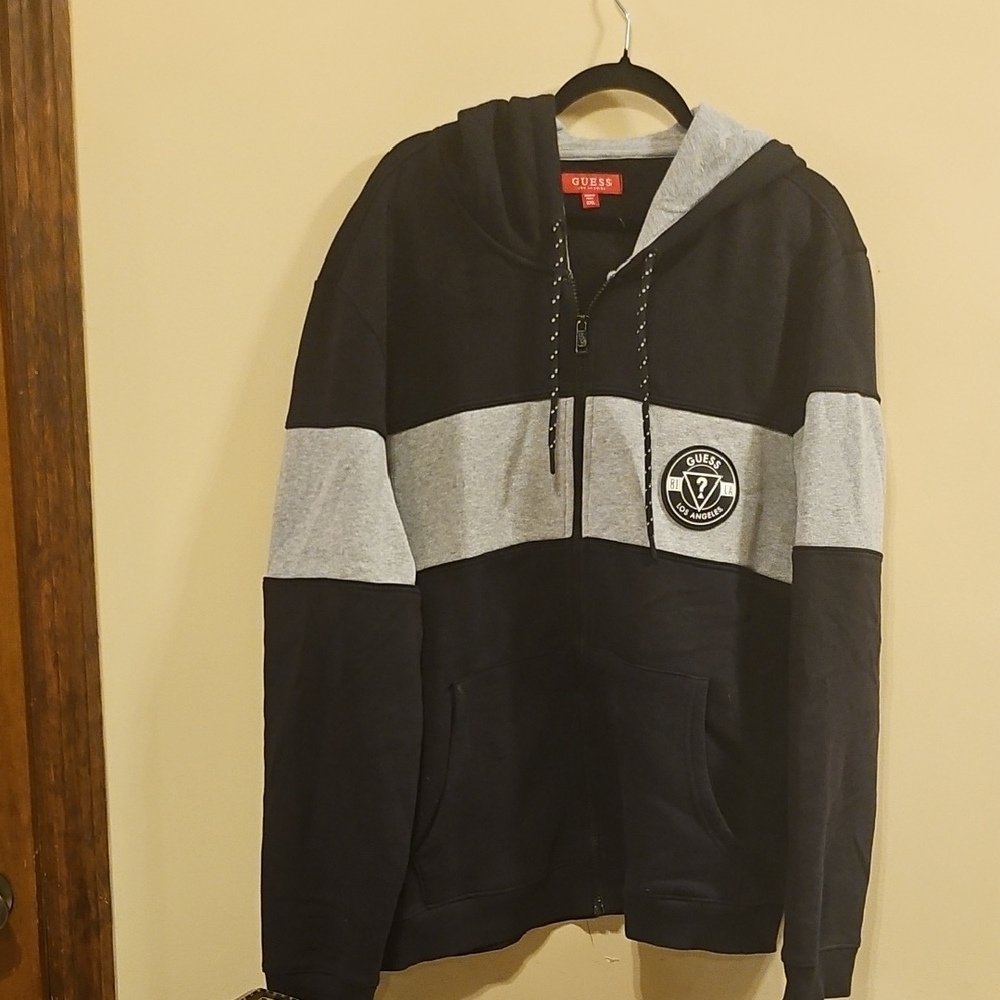 Guess Men's Black and Gray Zip-Up Sweater